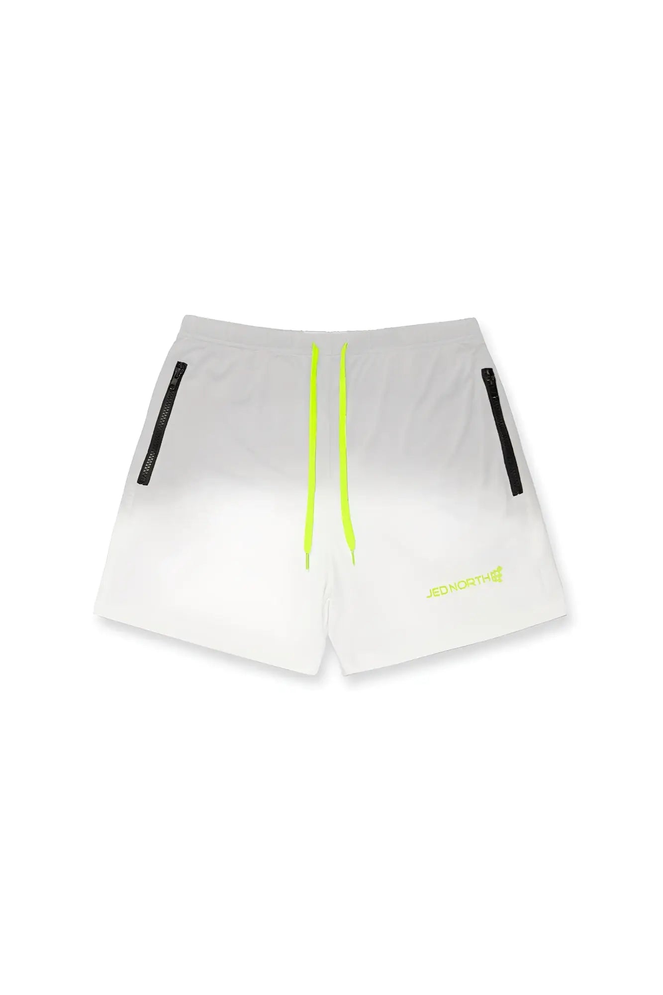 Agile bodybuilding 4 inch ombré gray swim shorts with white gradient, neon yellow drawstrings, and black zipper pockets