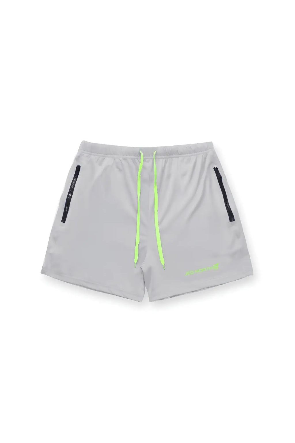 Jed north agile bodybuilding 4 inch platinum gray athletic shorts with neon green drawstrings and black zipper pockets