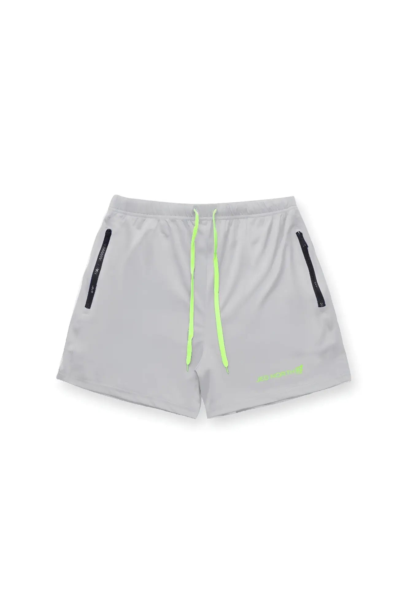 Jed north agile bodybuilding 4 inch platinum gray athletic shorts with neon green drawstrings and black zipper pockets