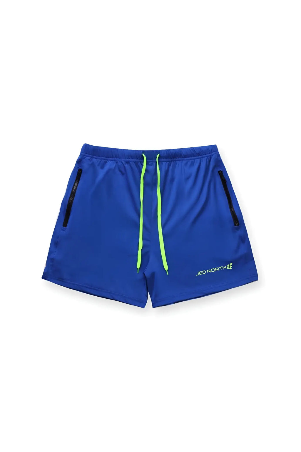 Jed North agile bodybuilding 4 inch royal blue athletic shorts with neon green drawstrings and black zipper pockets