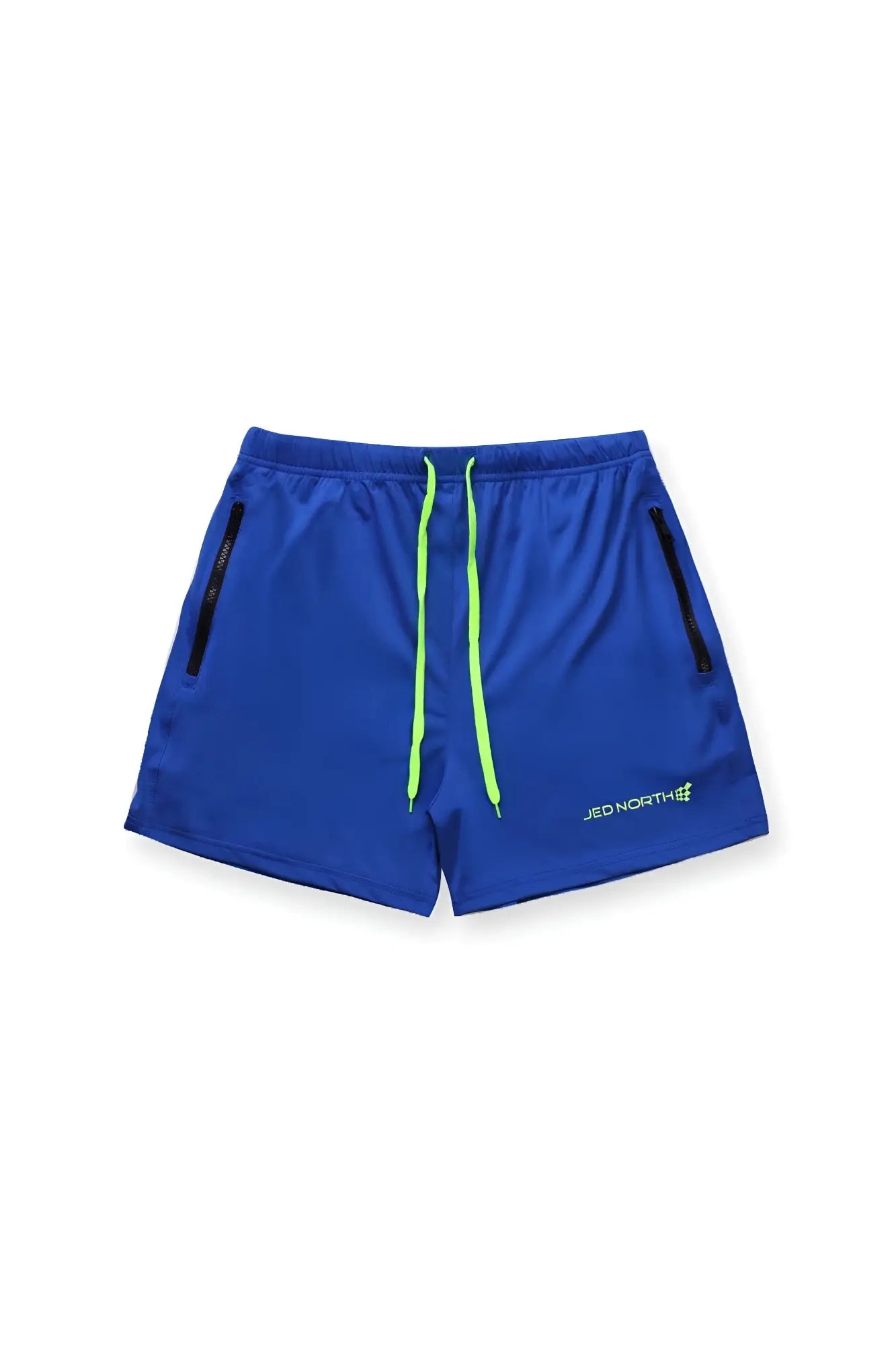 Jed North agile bodybuilding 4 inch royal blue athletic shorts with neon green drawstrings and black zipper pockets