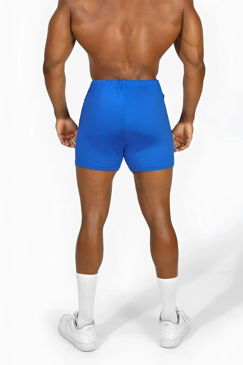 Jed North Agile bodybuilding shorts in royal blue with snug fit elastic waistband and zipper pockets