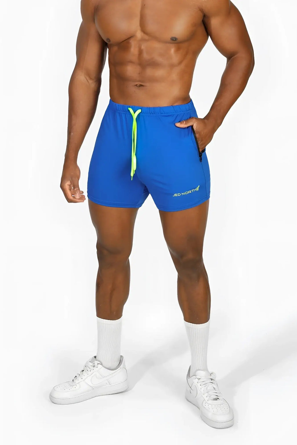 Jed North agile bodybuilding shorts royal blue with neon green drawstring and subtle white branding on the side