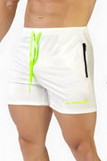 Jed North Agile bodybuilding off white athletic shorts with neon green drawstring zipper pockets and logo detail