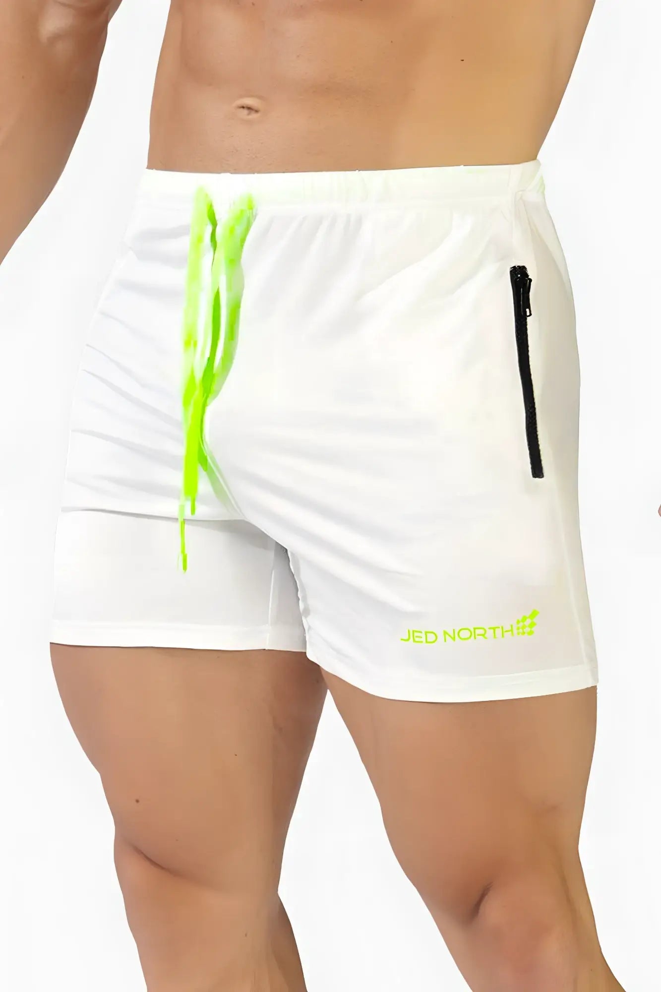 Jed North Agile bodybuilding off white athletic shorts with neon green drawstring zipper pockets and logo detail