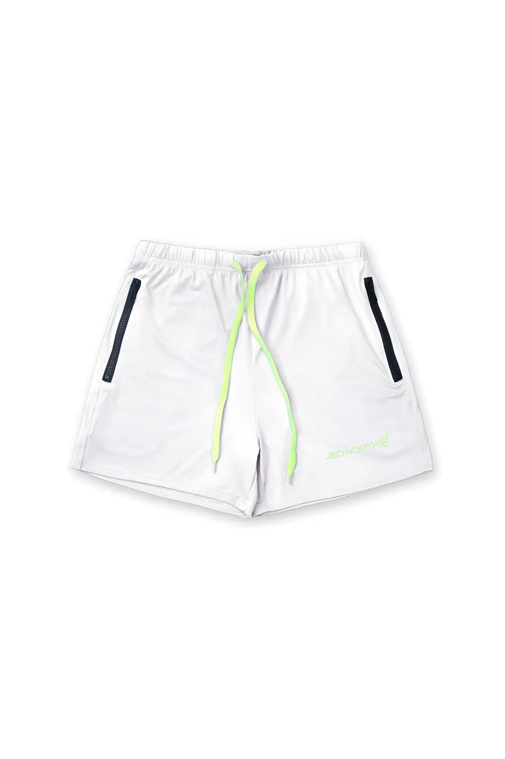 Jed North Agile bodybuilding 4 inch off white athletic shorts with neon green drawstring and black side zipper pockets