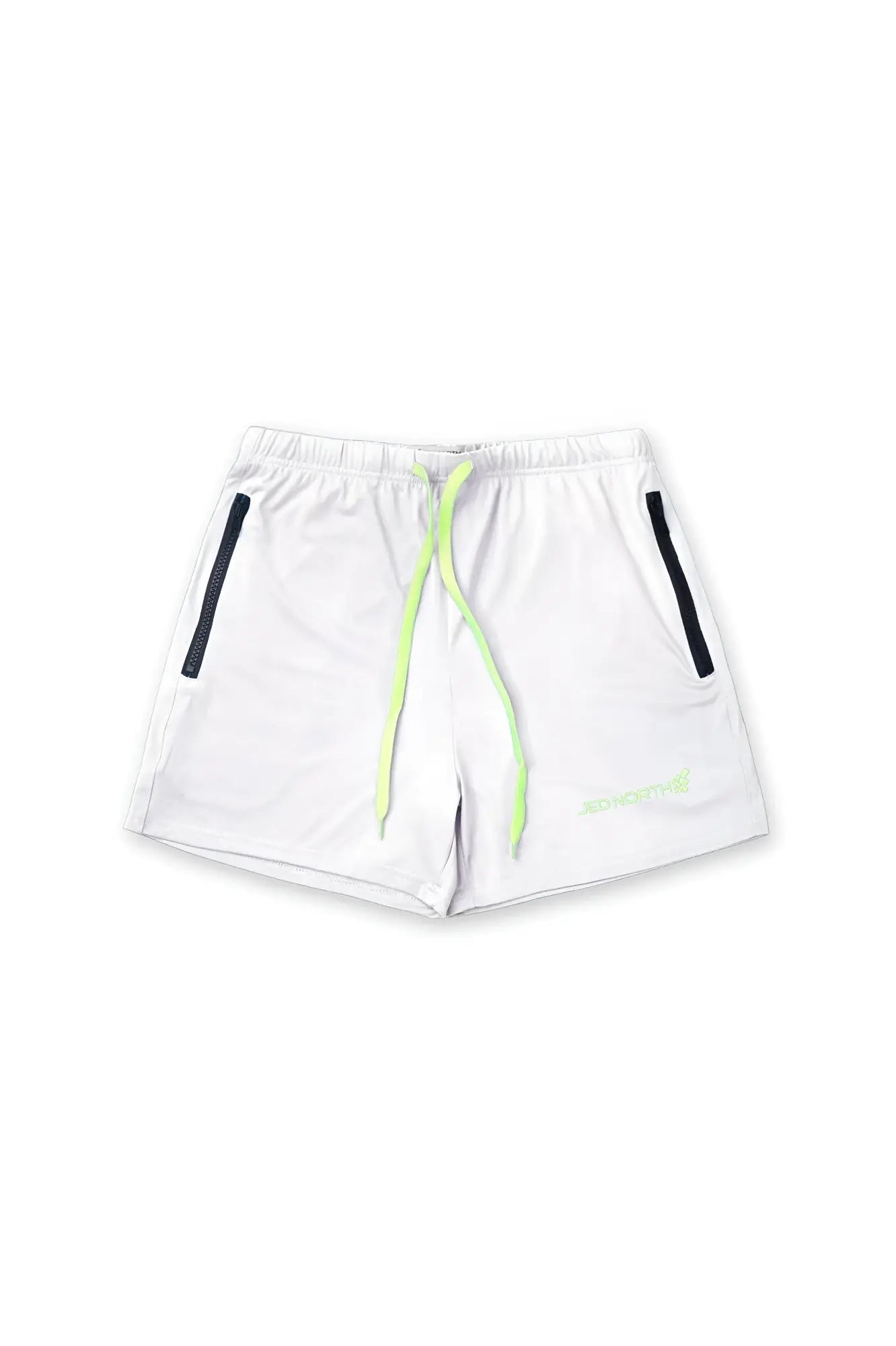 Jed North Agile bodybuilding 4 inch off white athletic shorts with neon green drawstring and black side zipper pockets