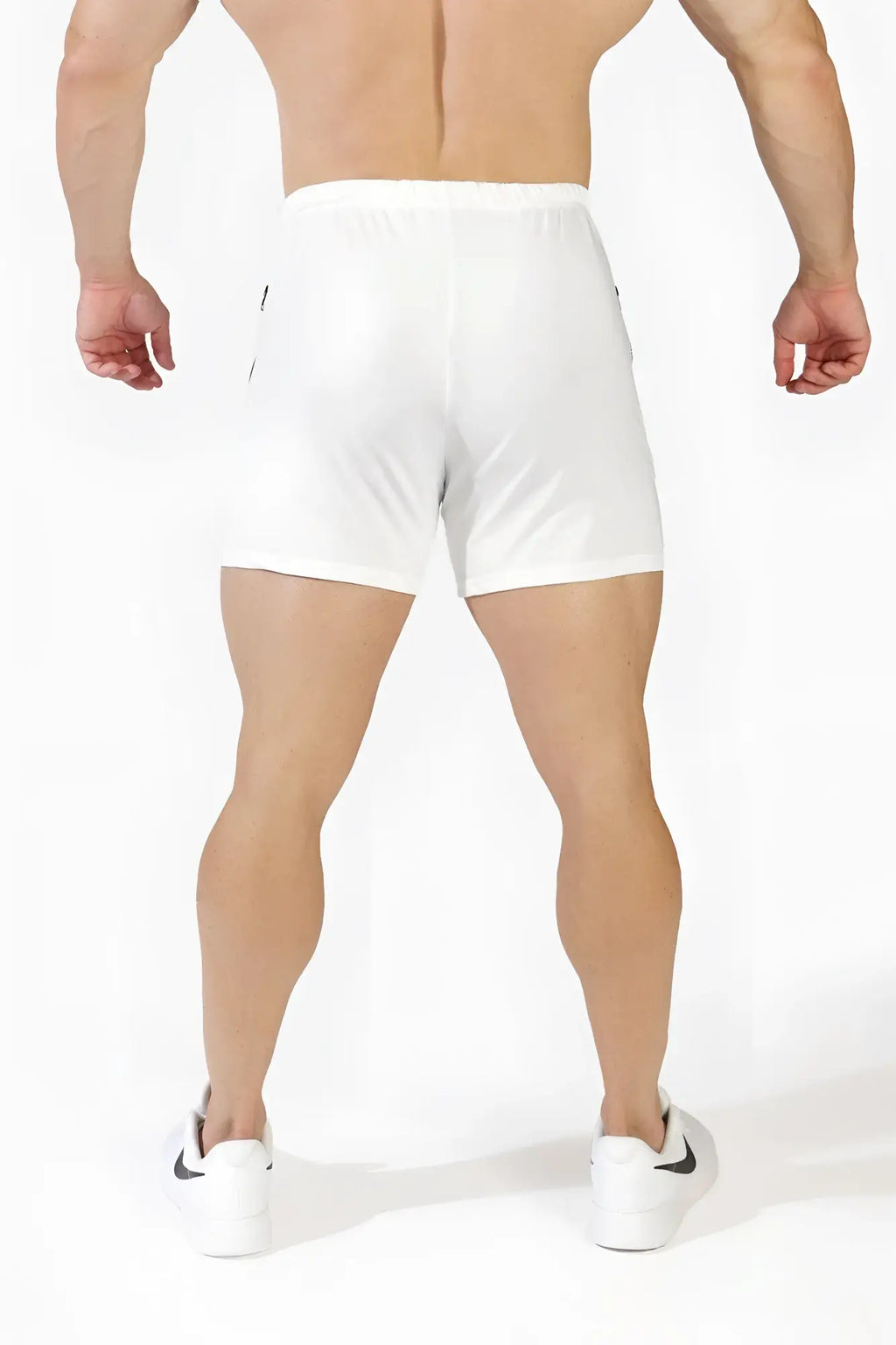 Jed North Agile bodybuilding 4 inch off white athletic shorts with zipper pockets and subtle black side accents