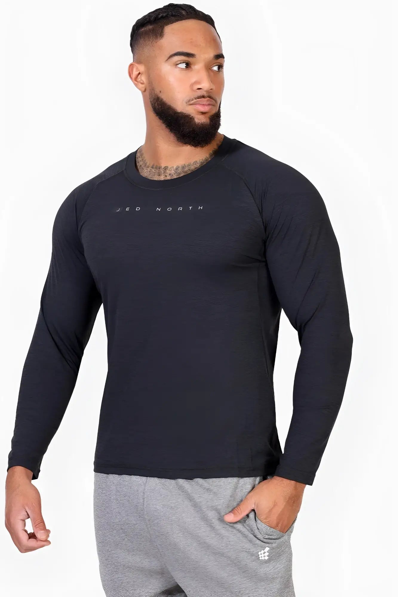 Charcoal black Jed North agile long sleeve activewear training tee with Jeo North branding on the chest