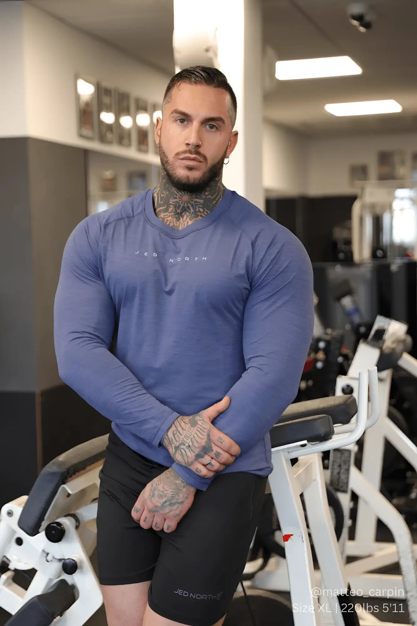 Blue long-sleeved jed north agile activewear training tee with subtle branding on chest in steel blue color