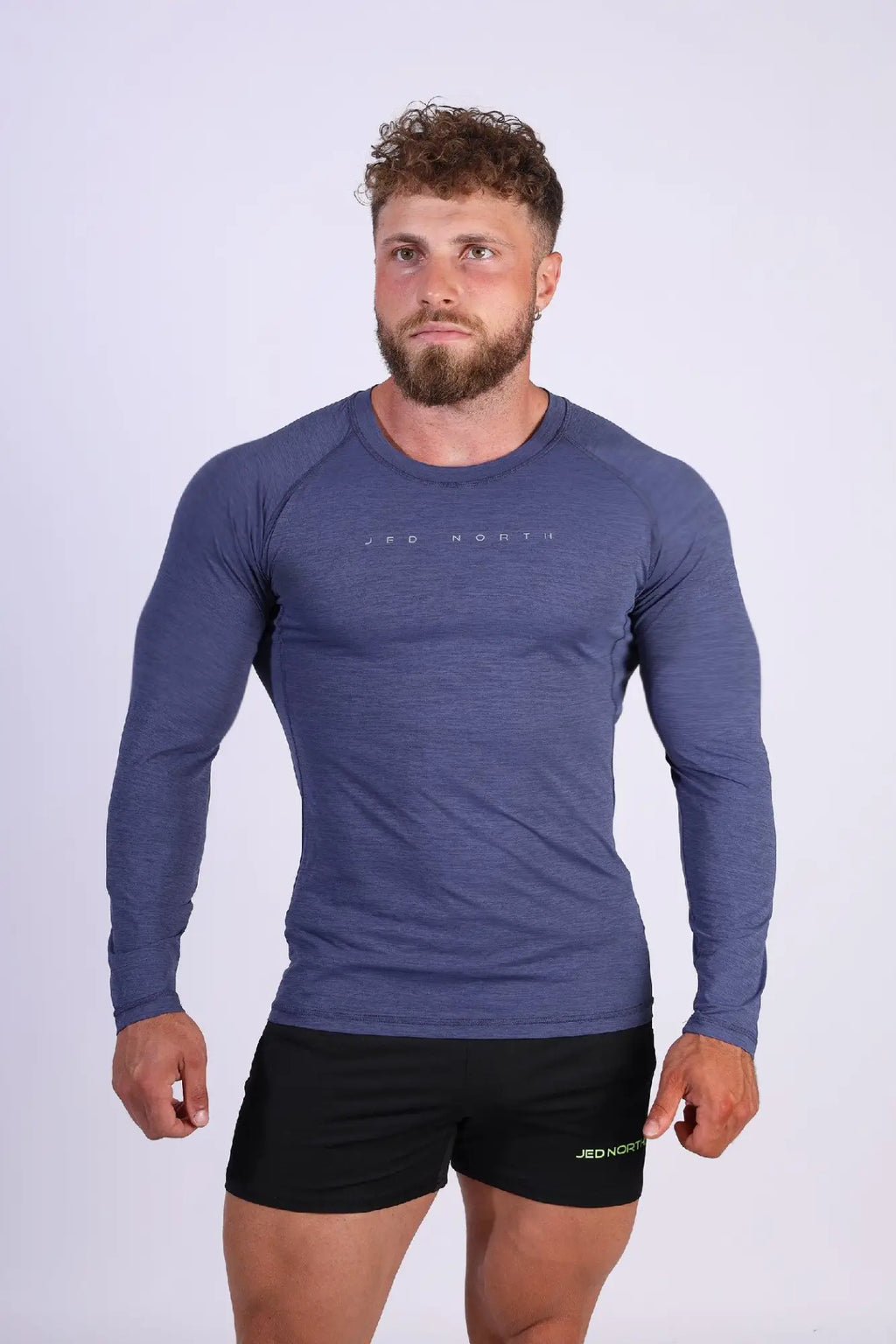 Jed North agile long sleeve activewear training tee in steel blue with heathered texture and chest branding