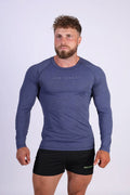 Jed North agile long sleeve activewear training tee in steel blue with heathered texture and chest branding