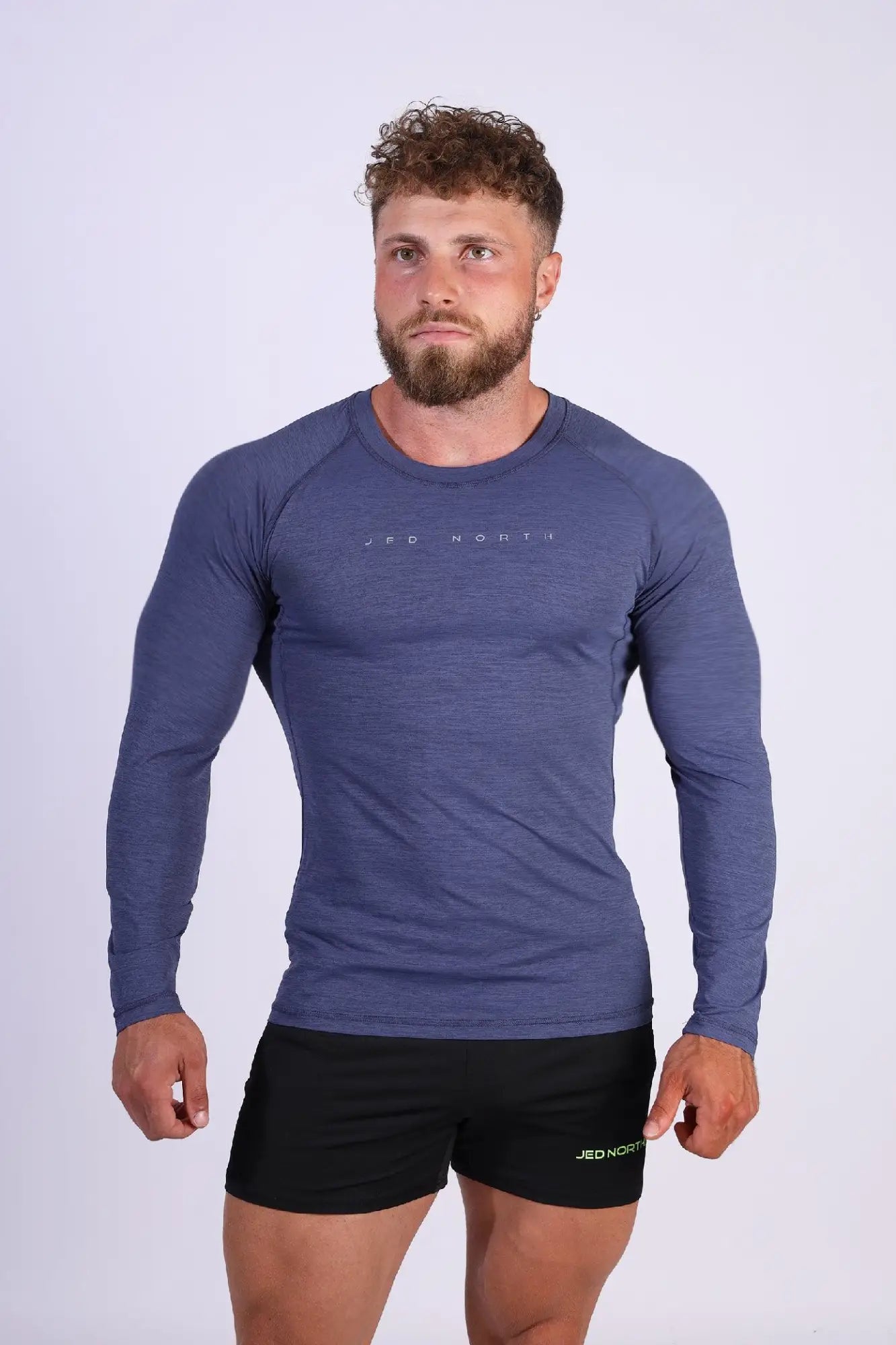 Jed North agile long sleeve activewear training tee in steel blue with heathered texture and chest branding