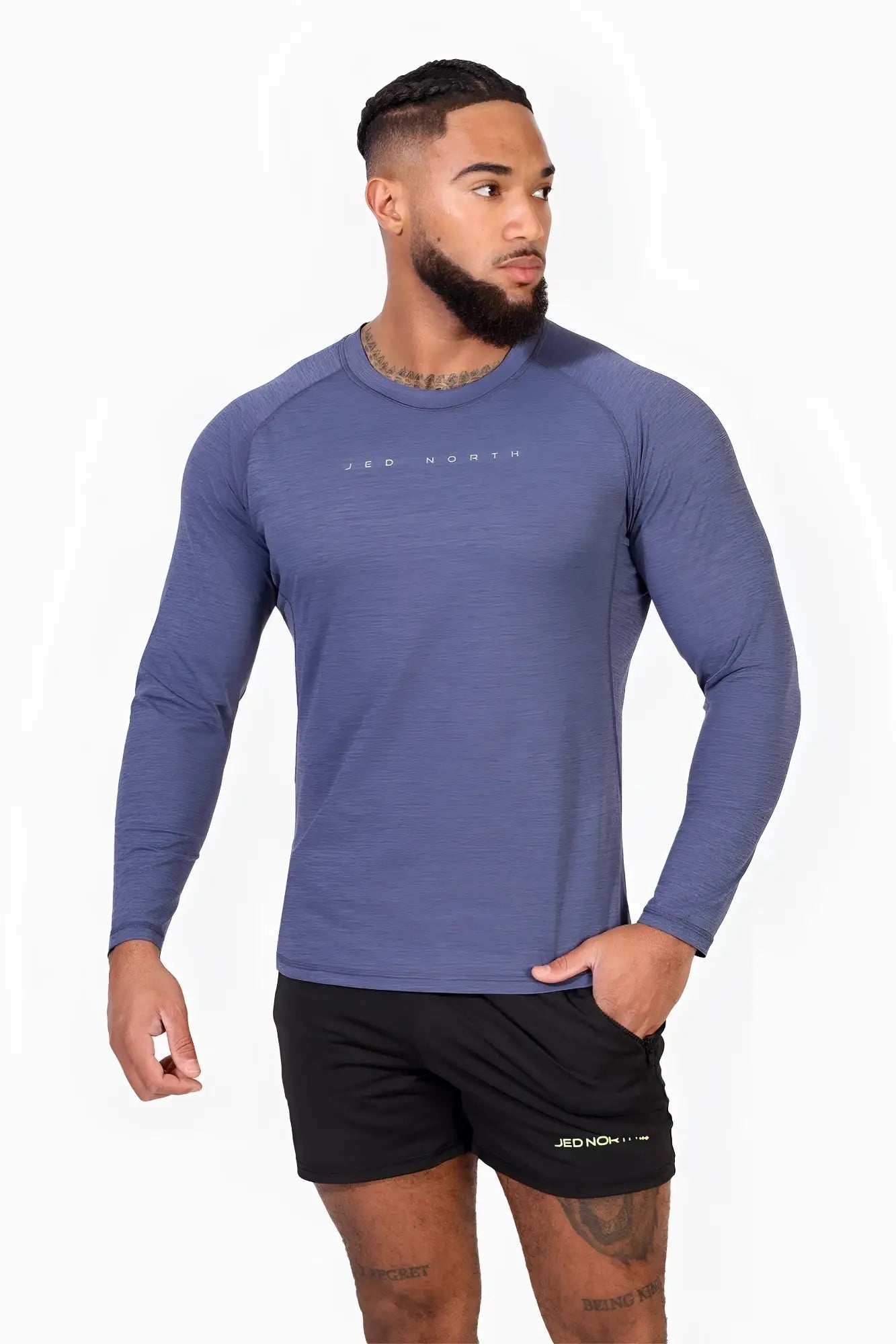 Jed North agile long sleeve activewear training tee in steel blue with subtle heather texture and white chest logo