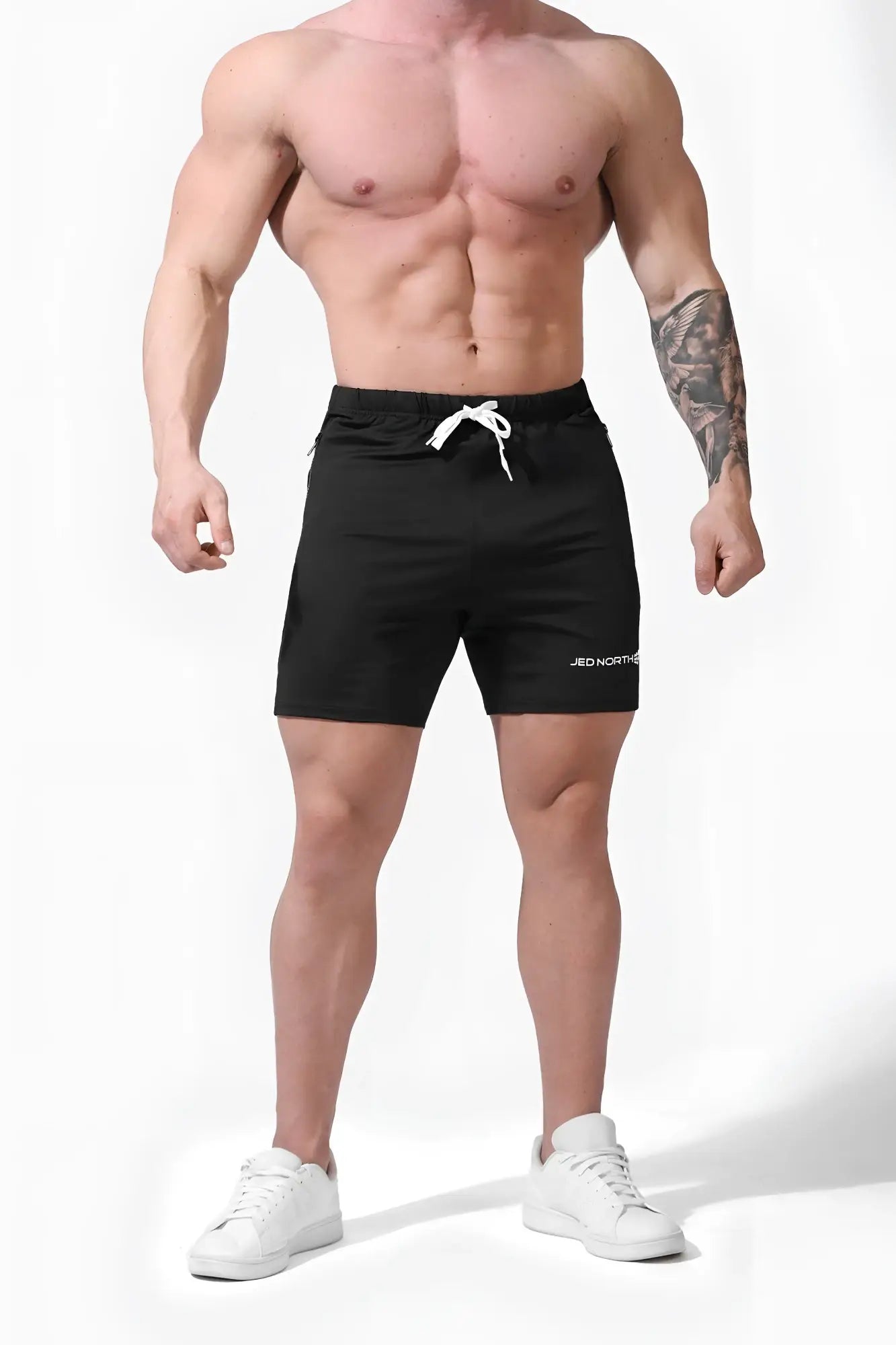 Jed North Agile Plus 6.5 inch black athletic shorts with white drawstring and zipper pockets for bodybuilding use