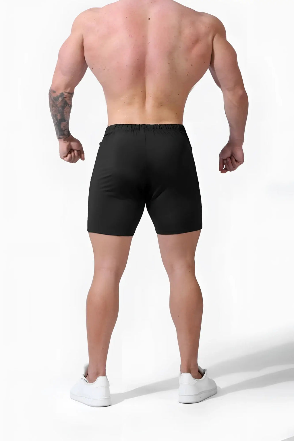 Jed north agile plus 6.5 inch black bodybuilding shorts with elastic waistband and zipper pockets for secure storage