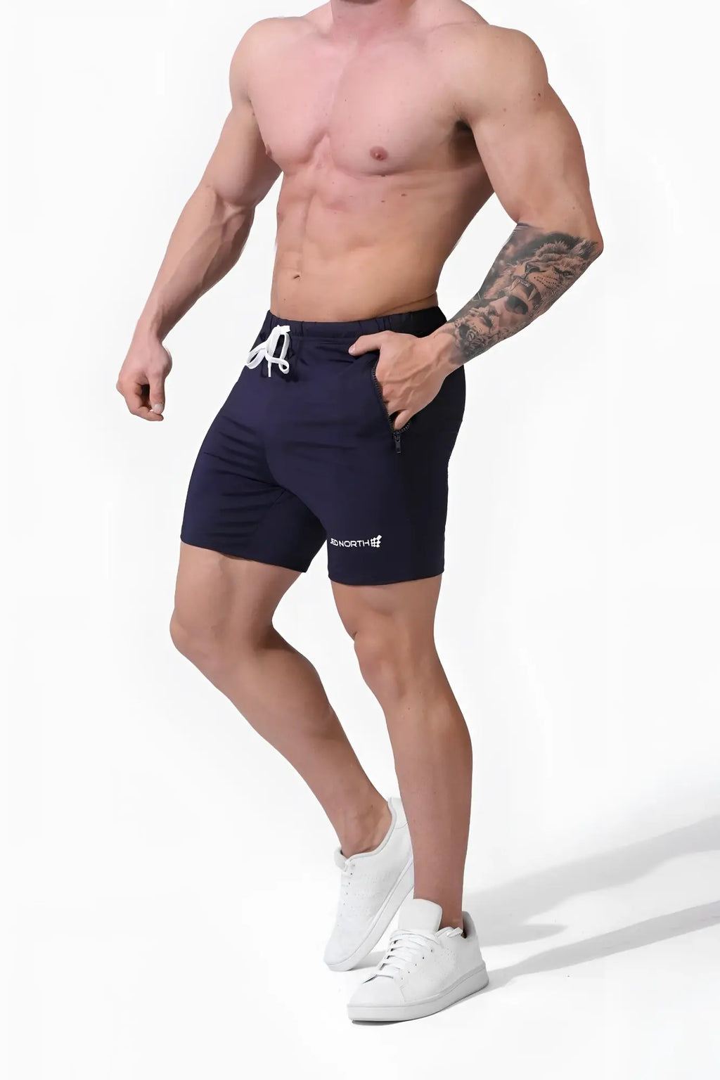 Navy jed north agile plus 6.5 inch bodybuilding shorts with white drawstring and side zipper pockets for gym use