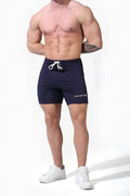 Navy blue Jed North Agile Plus 6.5 inch bodybuilding shorts with white drawstring and zipper pockets for gym use