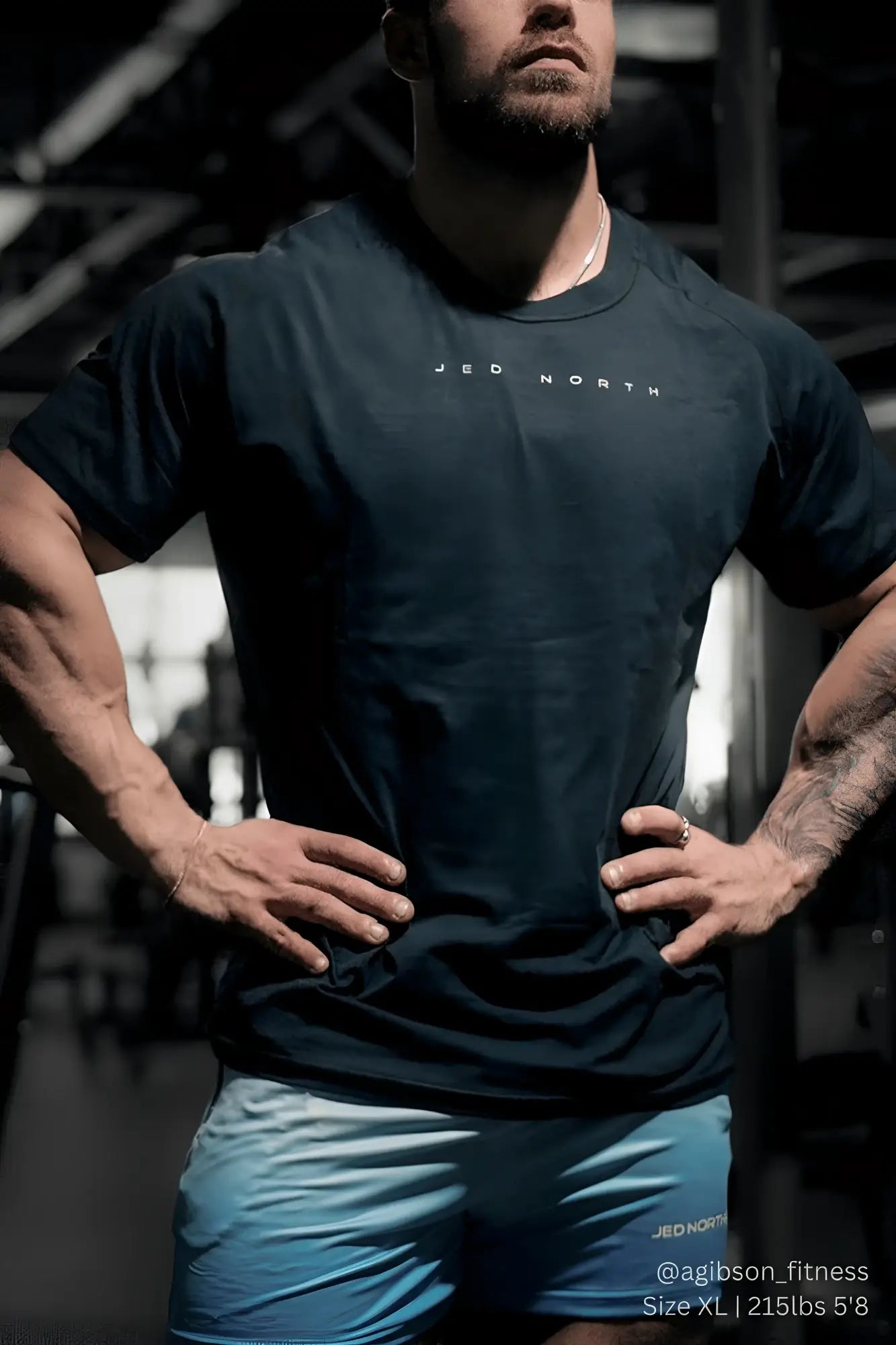 Dark navy blue short-sleeved jed north agile training tee with jed north printed in white on the chest