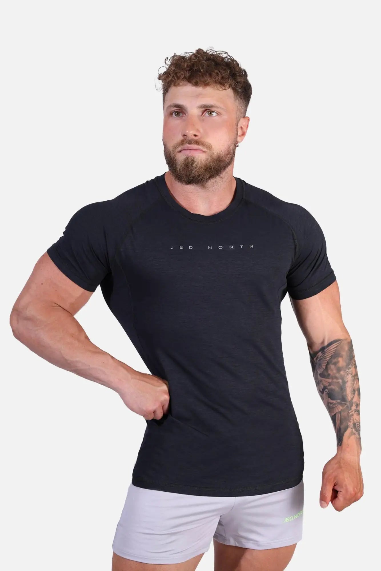Jed North Agile short sleeve training tee in charcoal black with subtle white jeo north branding on the chest