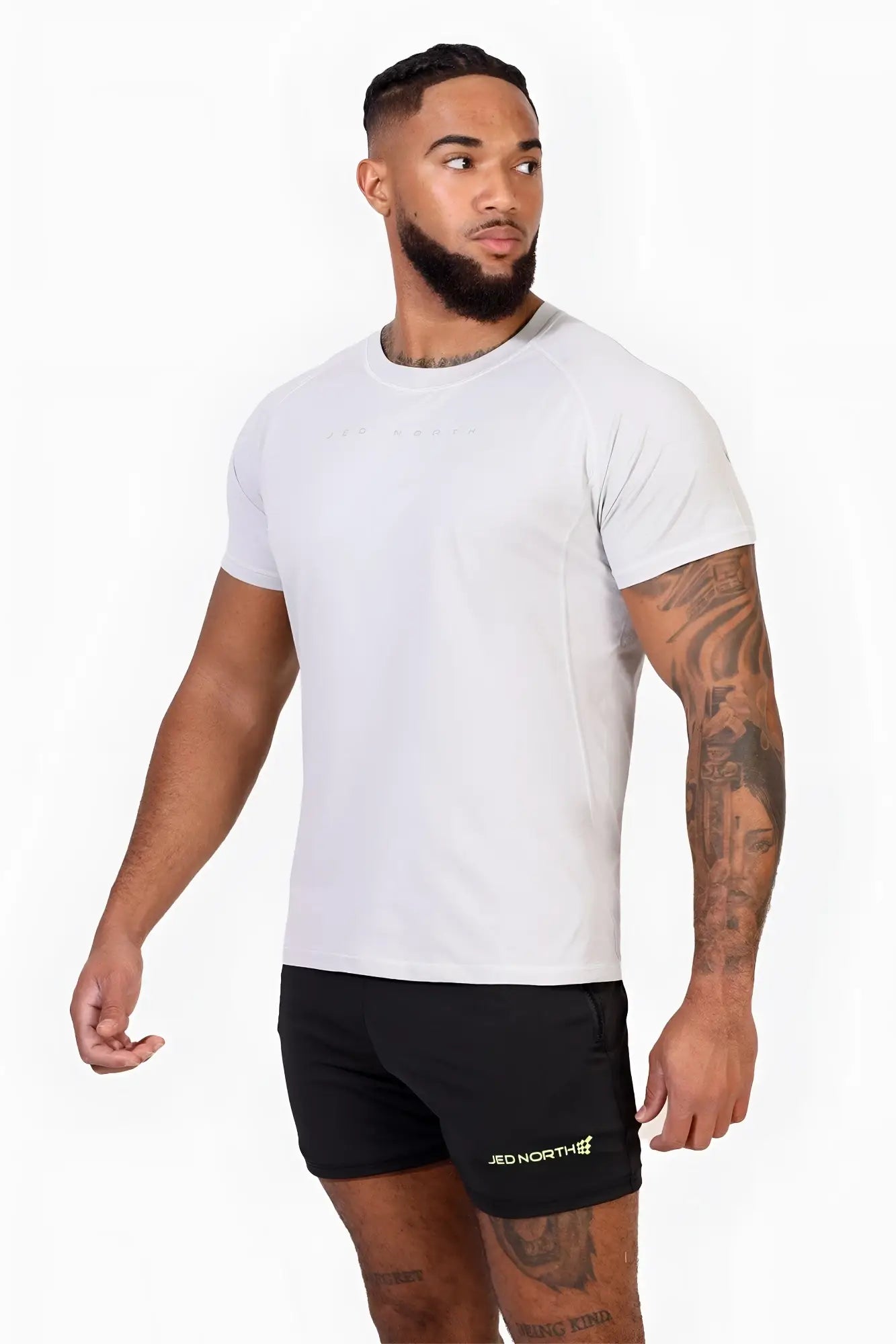 White crew-neck jed north agile short sleeve training tee in light gray with subtle chest branding for active wear