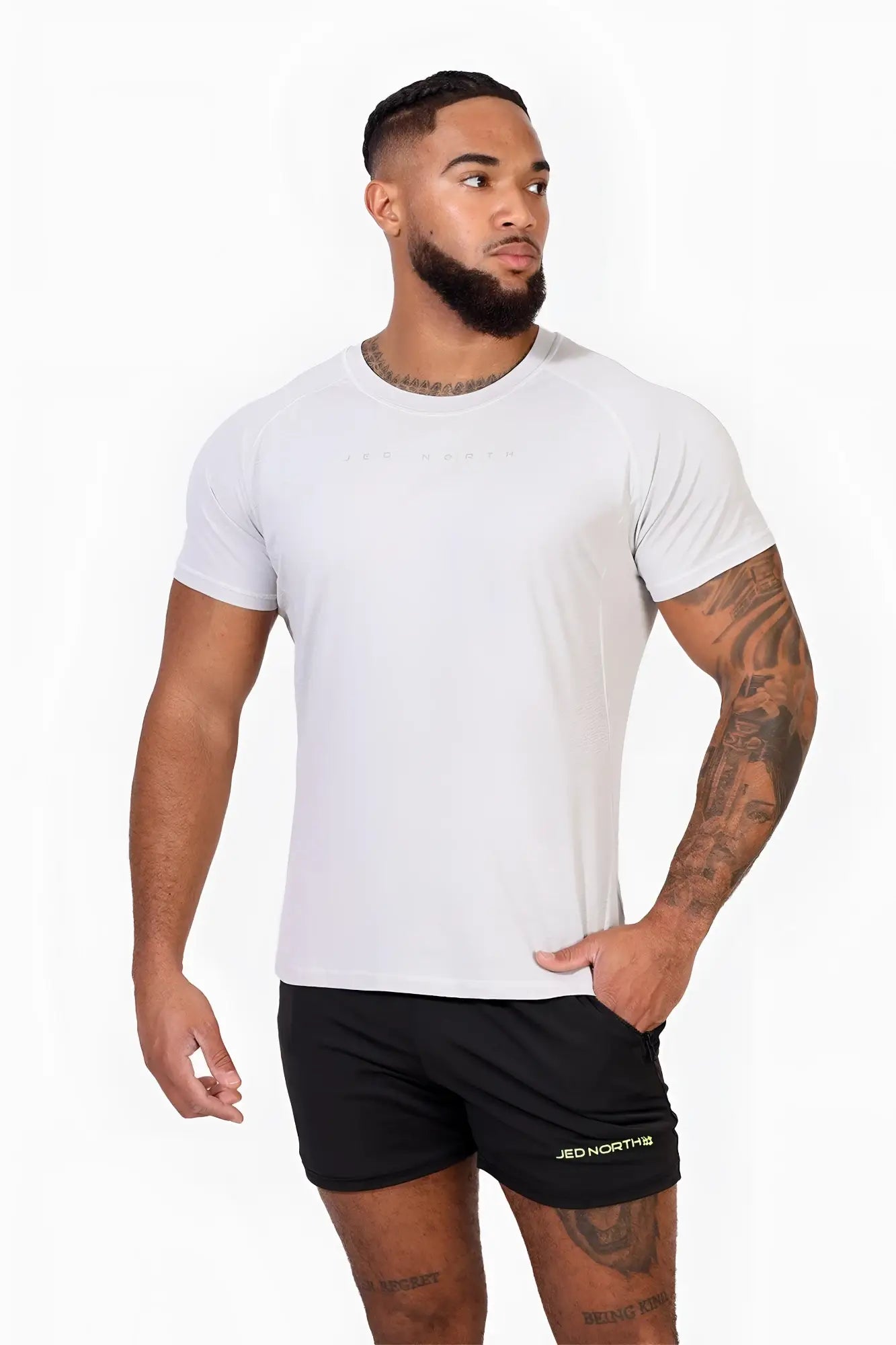 Jed North Agile short sleeve training tee in light gray with subtle embossed branding on white athletic fabric