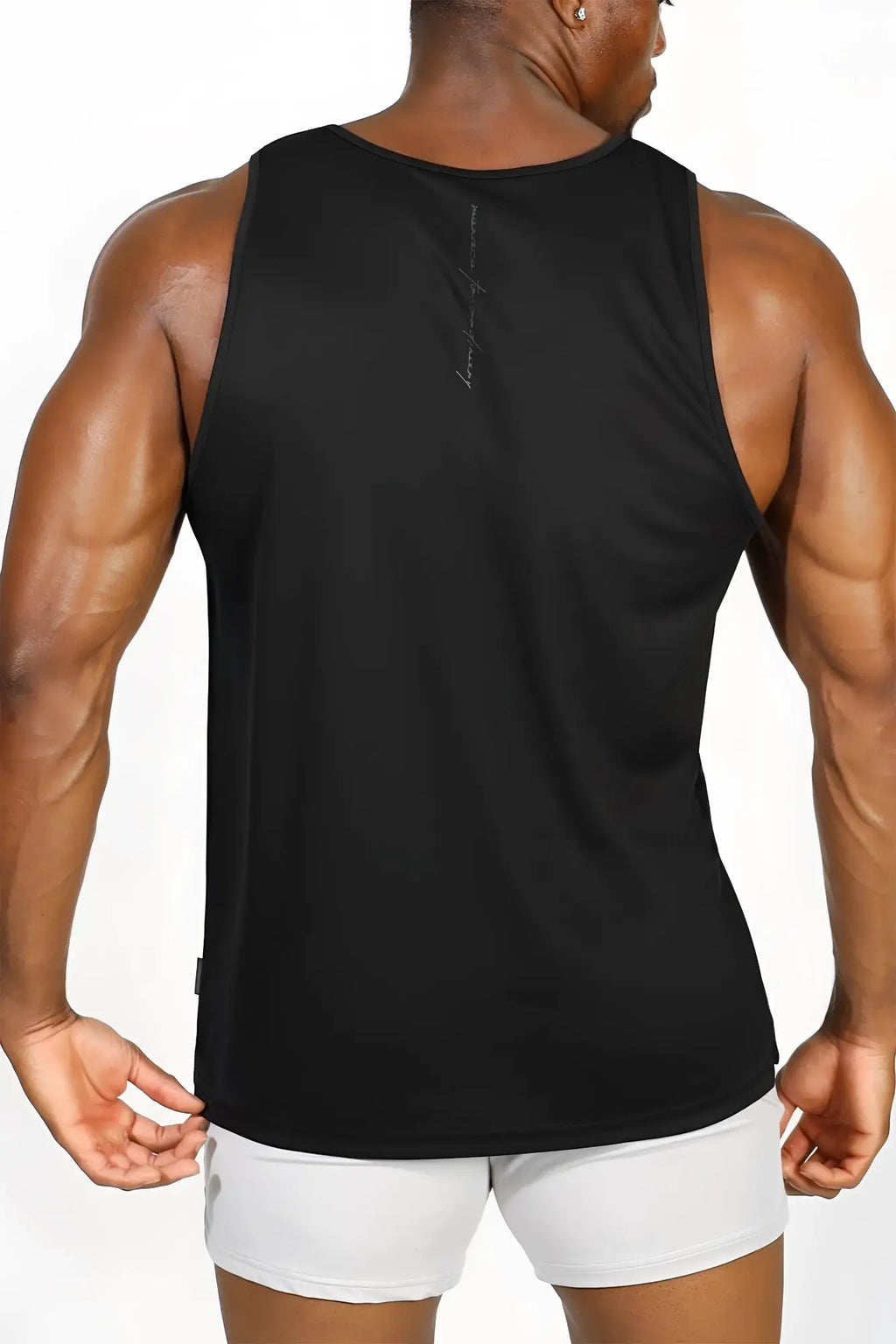 Back view of jed north alpha microfiber fast-dry gym tank top in obsidian black with vertical stitch detail