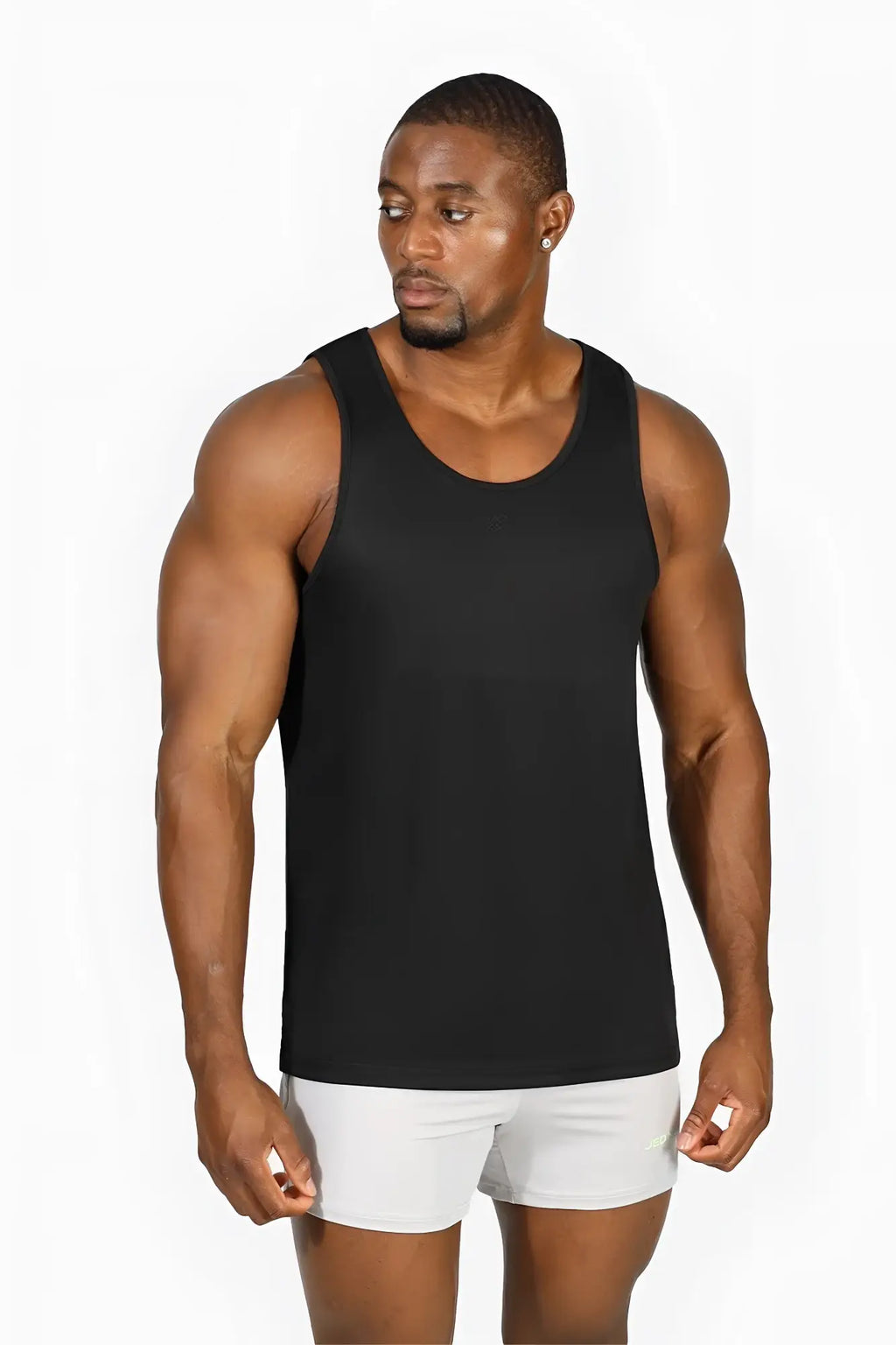 Black sleeveless athletic tank top with round neckline made from fast-dry microfiber for gym workouts