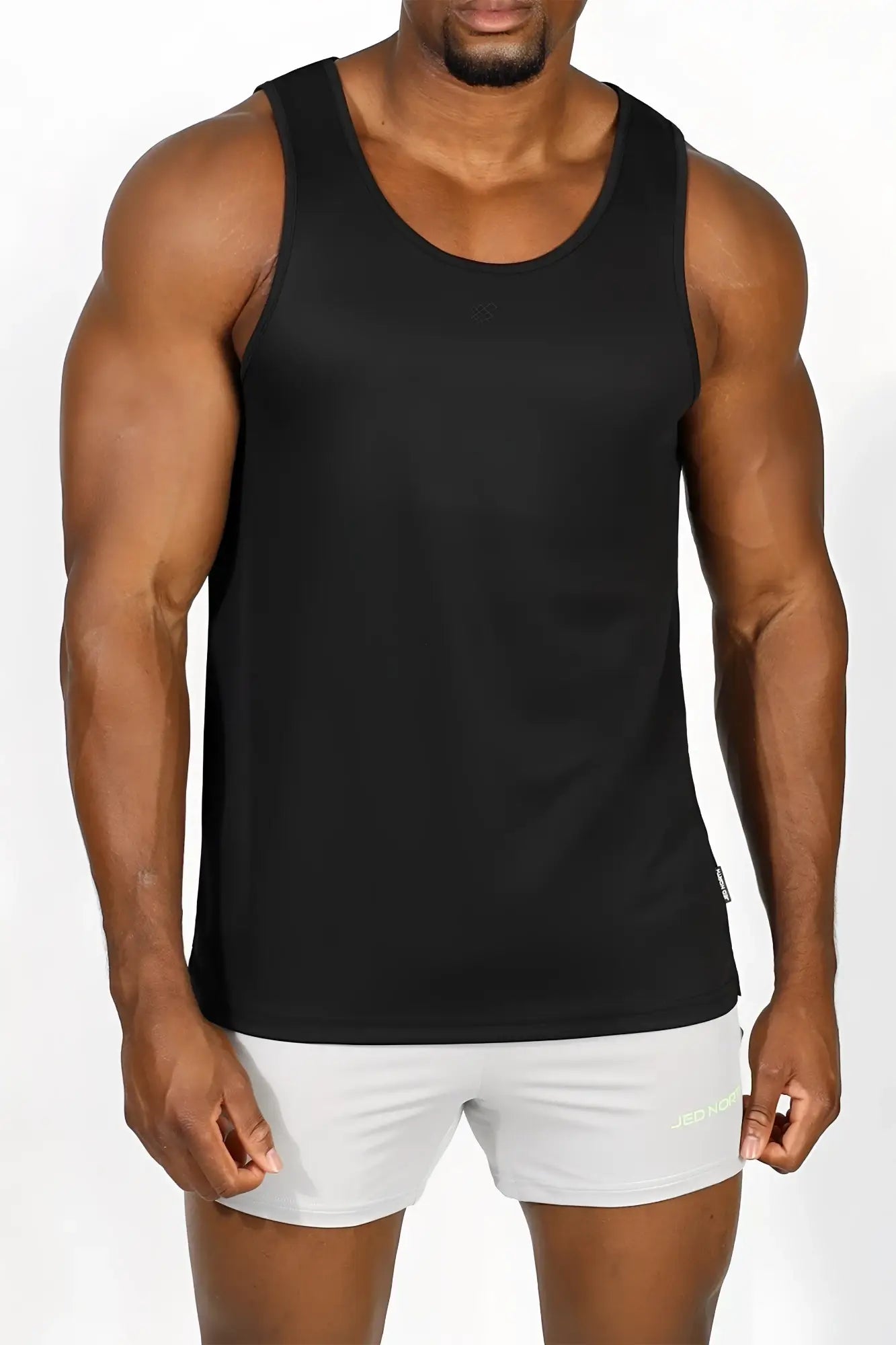 Jed north alpha microfiber fast-dry gym tank top obsidian black black sleeveless with scoop neckline and side seam details