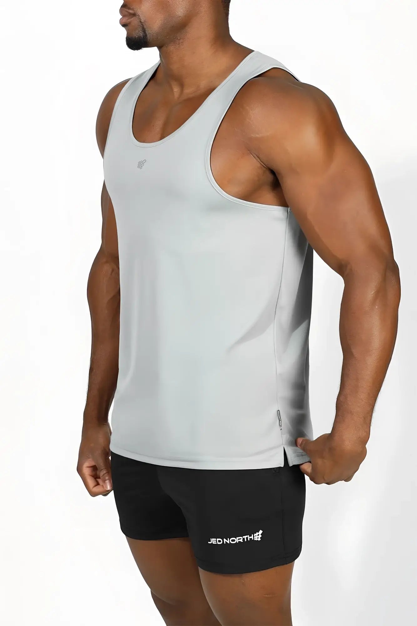 Jed North alpha microfiber fast-dry gym tank top in polar silver with sleeveless design and side seam zipper detail
