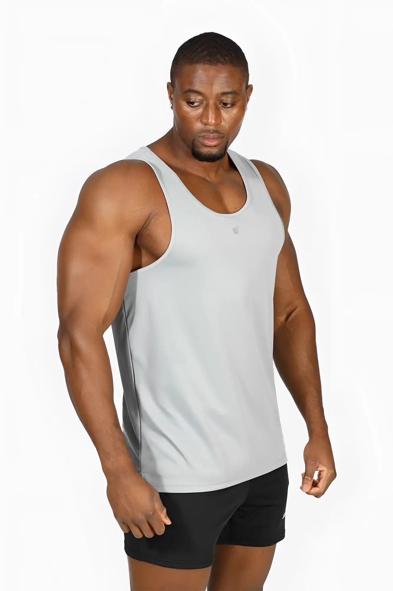 Light gray Jed North Alpha microfiber fast-dry gym tank top with subtle chest logo in polar silver color