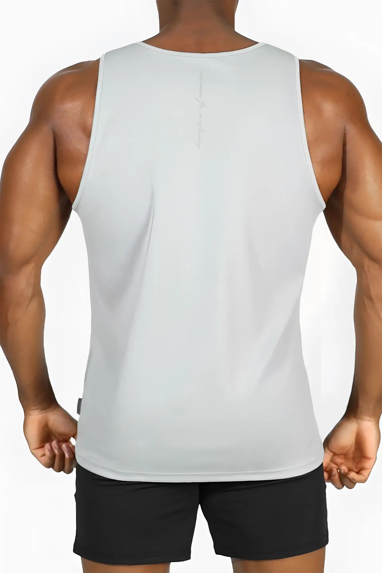 Jed North Alpha microfiber fast-dry gym tank top in polar silver shown from the back with subtle vertical seam detail