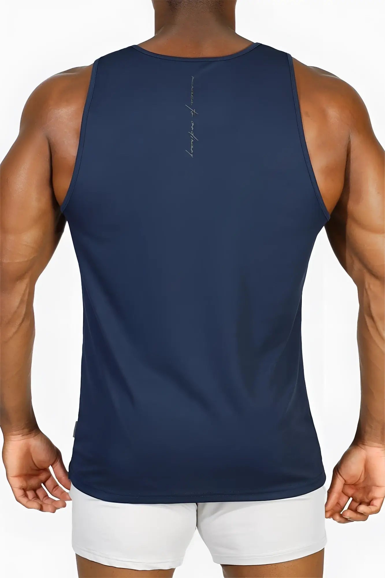 Back view of jed north alpha microfiber fast-dry gym tank top in space blue with subtle vertical stitching detail