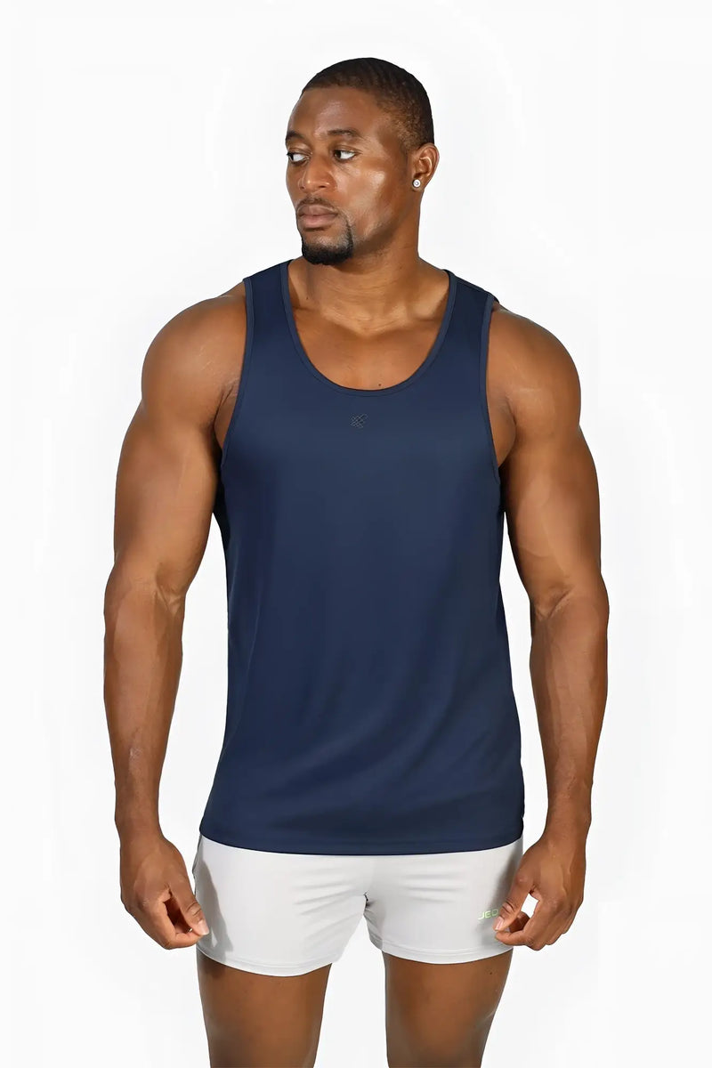 Navy blue sleeveless jed north alpha microfiber fast-dry gym tank top designed for athletic performance and comfort