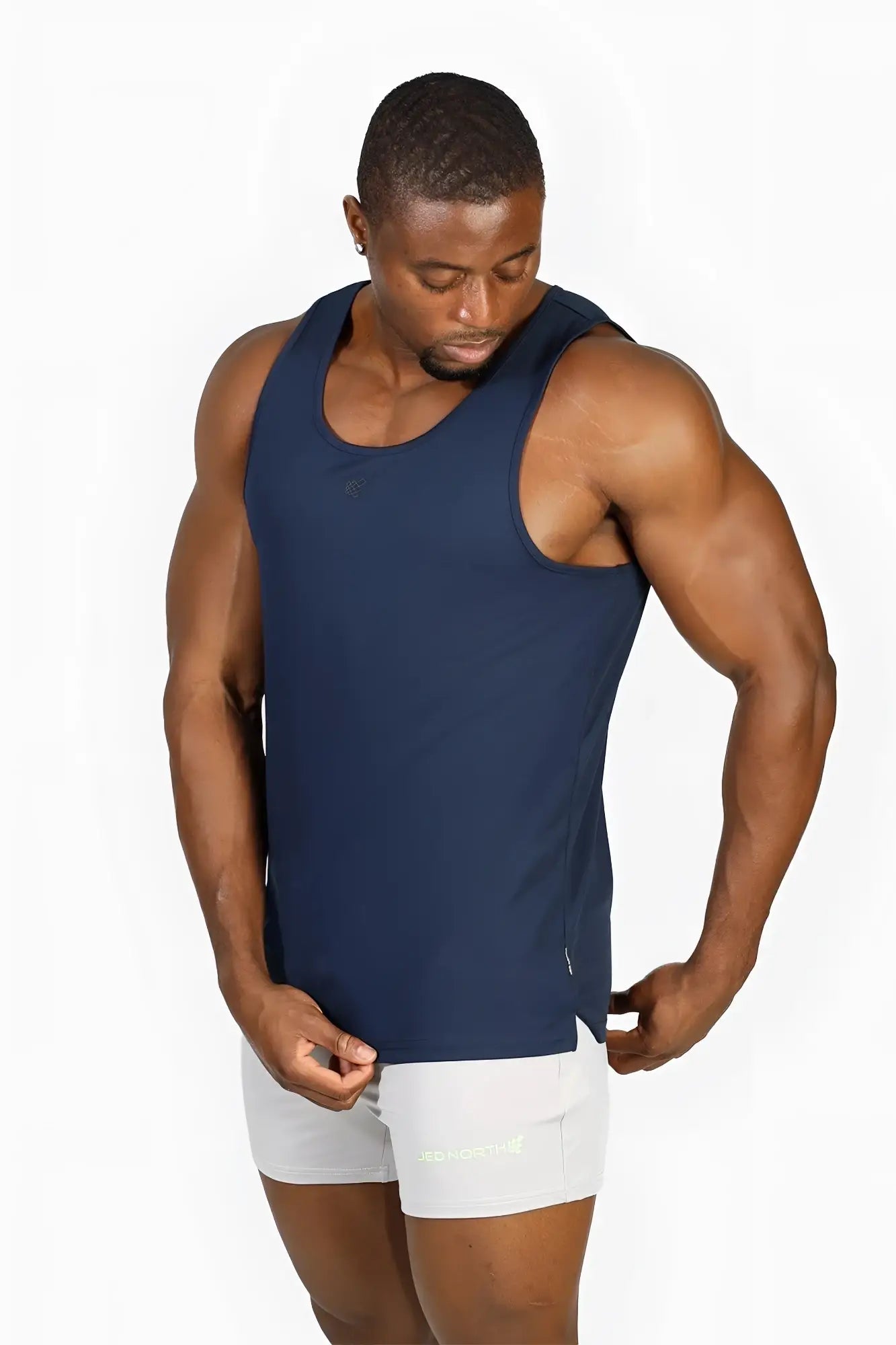 Navy blue sleeveless Jed North alpha microfiber fast-dry gym tank top designed for athletic use in space blue color