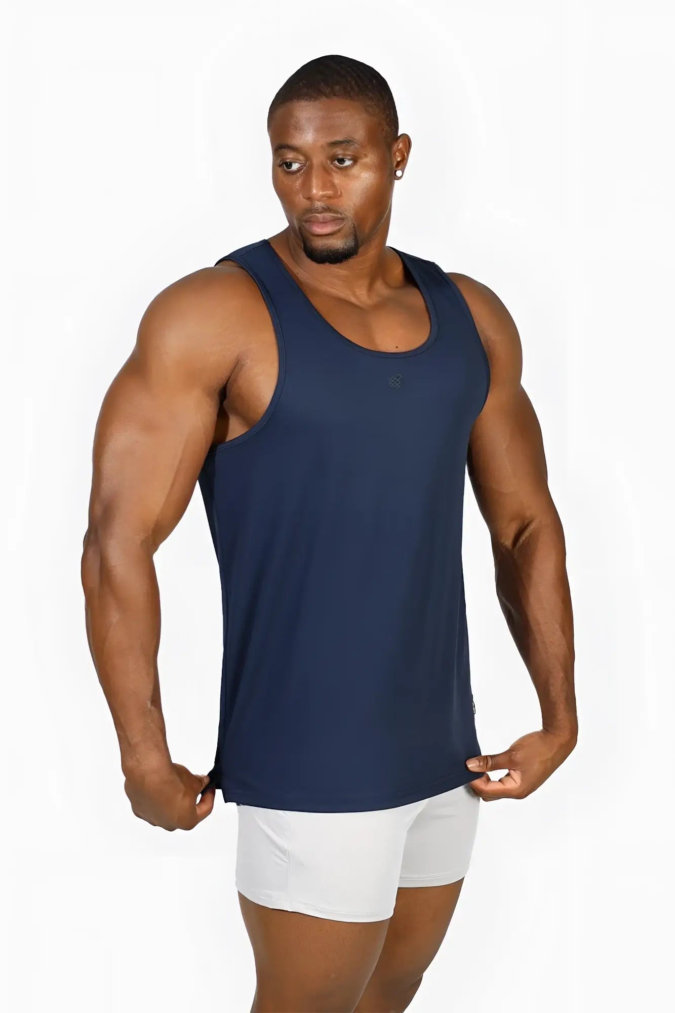 Navy blue jed north alpha microfiber fast-dry sleeveless gym tank top designed for athletic performance