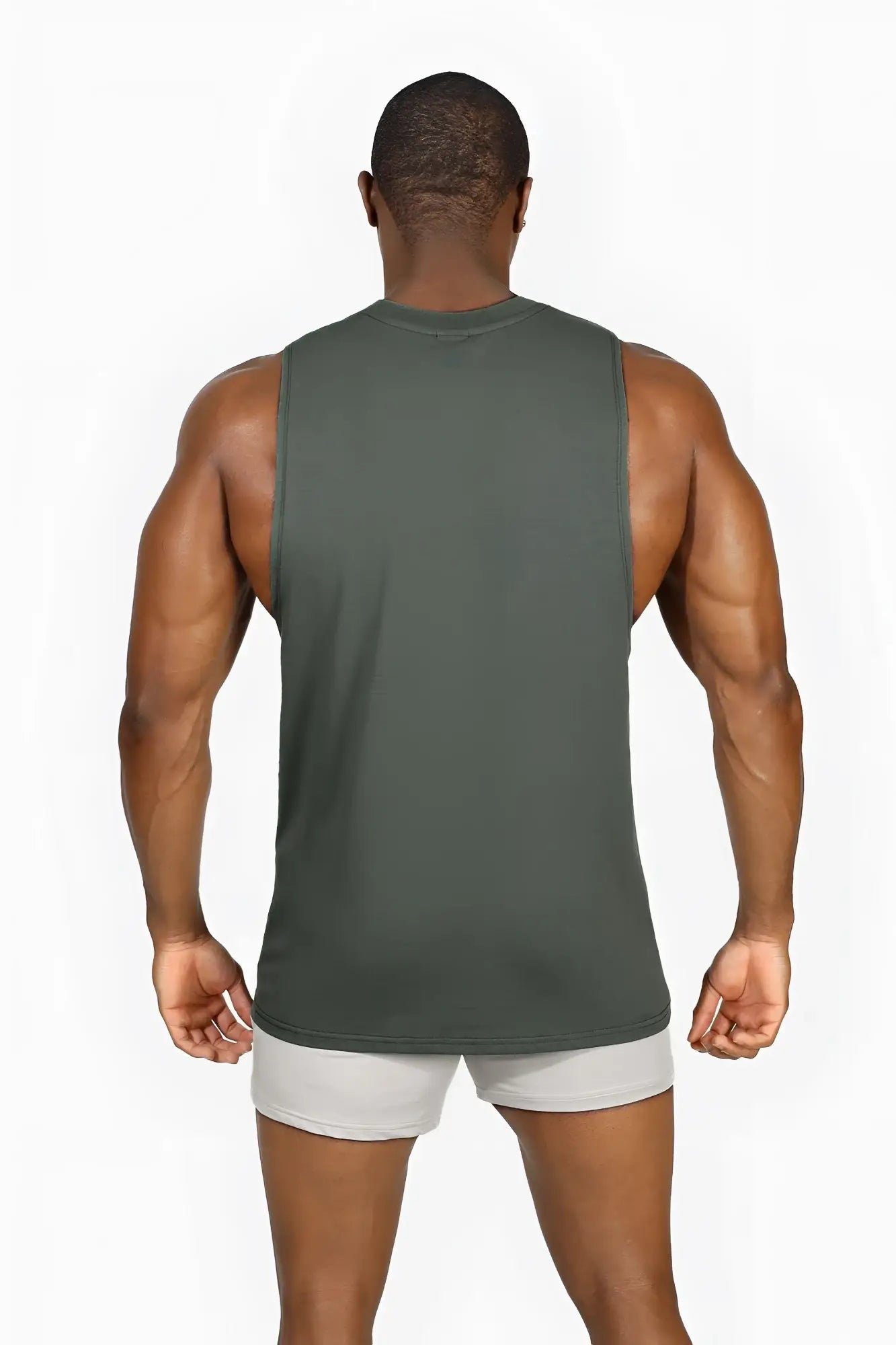 Apollo men’s sleeveless training tee in moss green features a fitted dark olive green athletic tank top design