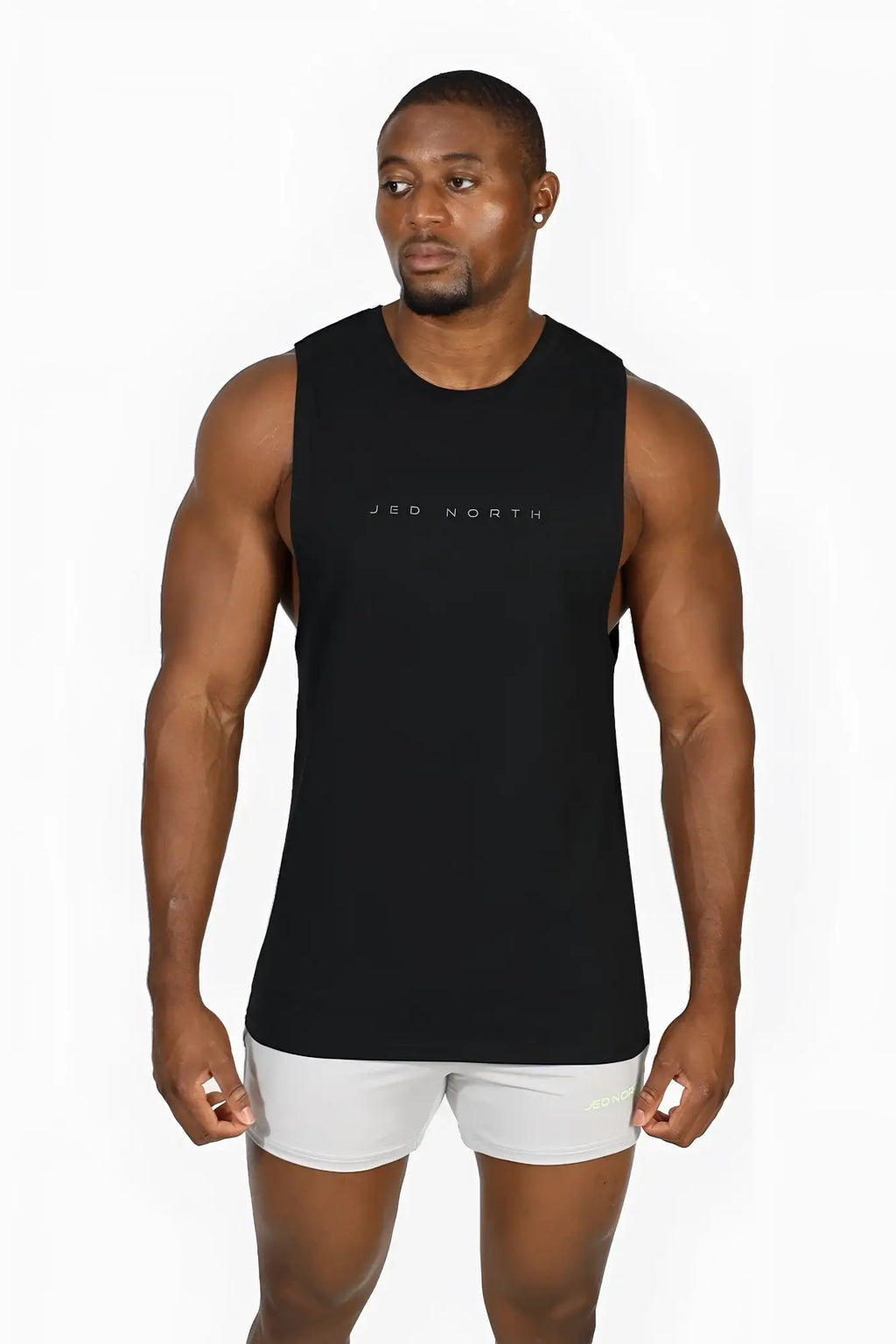 Jed north apollo men’s sleeveless training tee obsidian black with subtle white logo for athletic performance