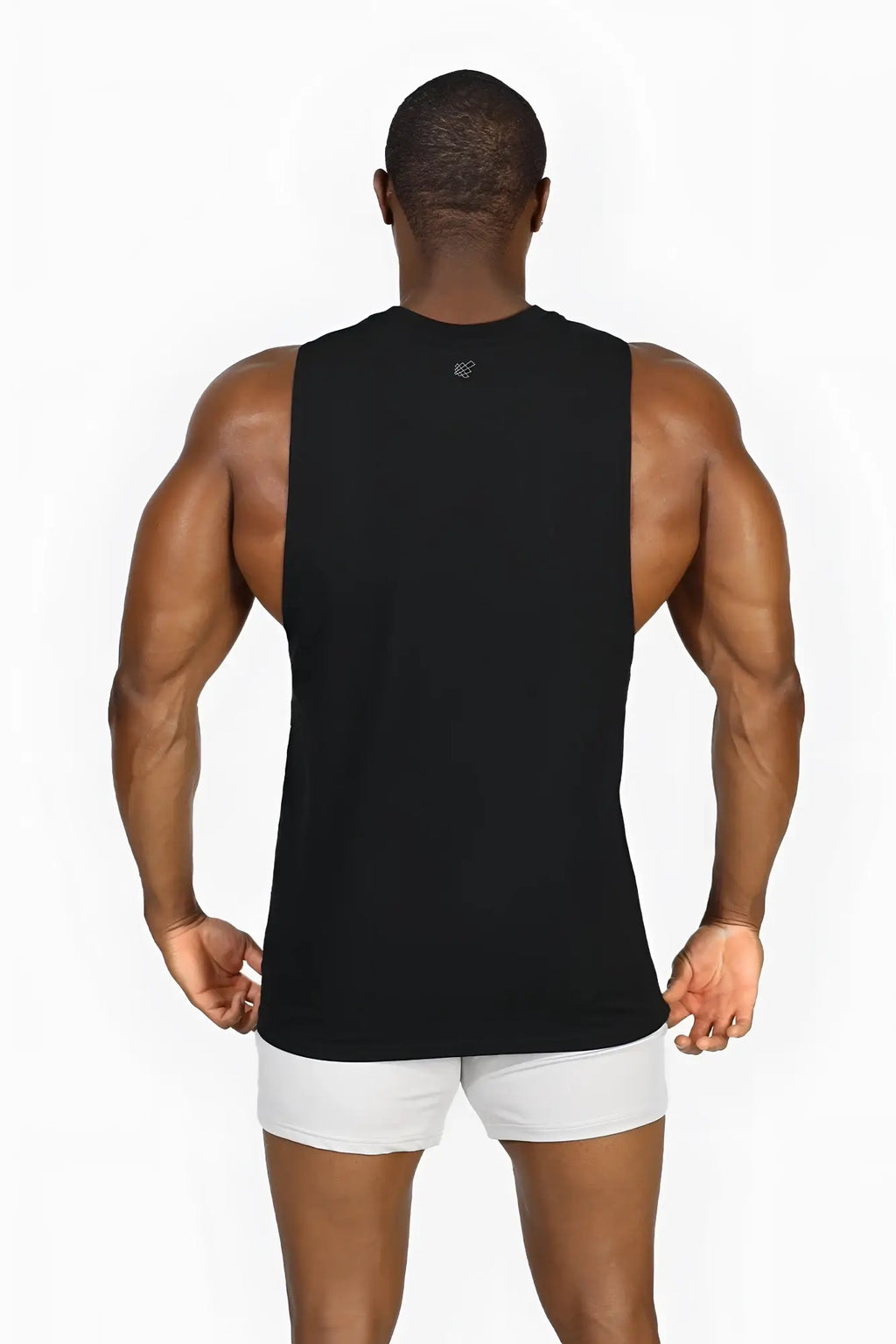 Jed North Apollo men’s sleeveless training tee in obsidian black with subtle logo at neckline designed for workouts