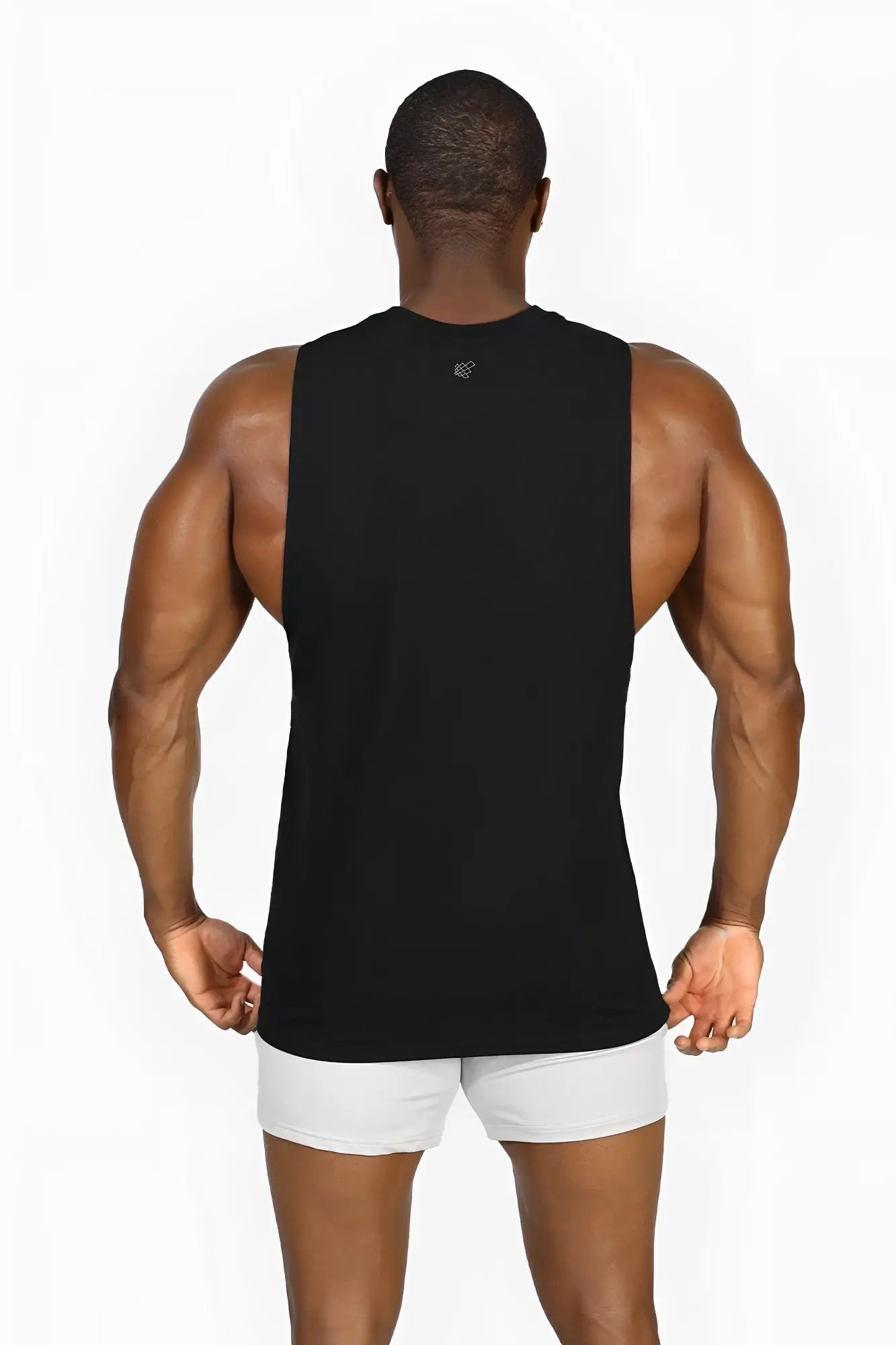Jed North Apollo men’s sleeveless training tee in obsidian black with subtle logo at neckline designed for workouts