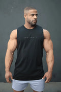 Black sleeveless muscle tank top with jed north printed in white for men training in obsidian black color