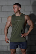 Olive green sleeveless athletic tank top with jed north logo in white designed for training and workouts