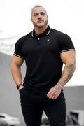 Black banded muscle-fit polo t-shirt with white trim on collar and cuffs in short-sleeved cotton blend