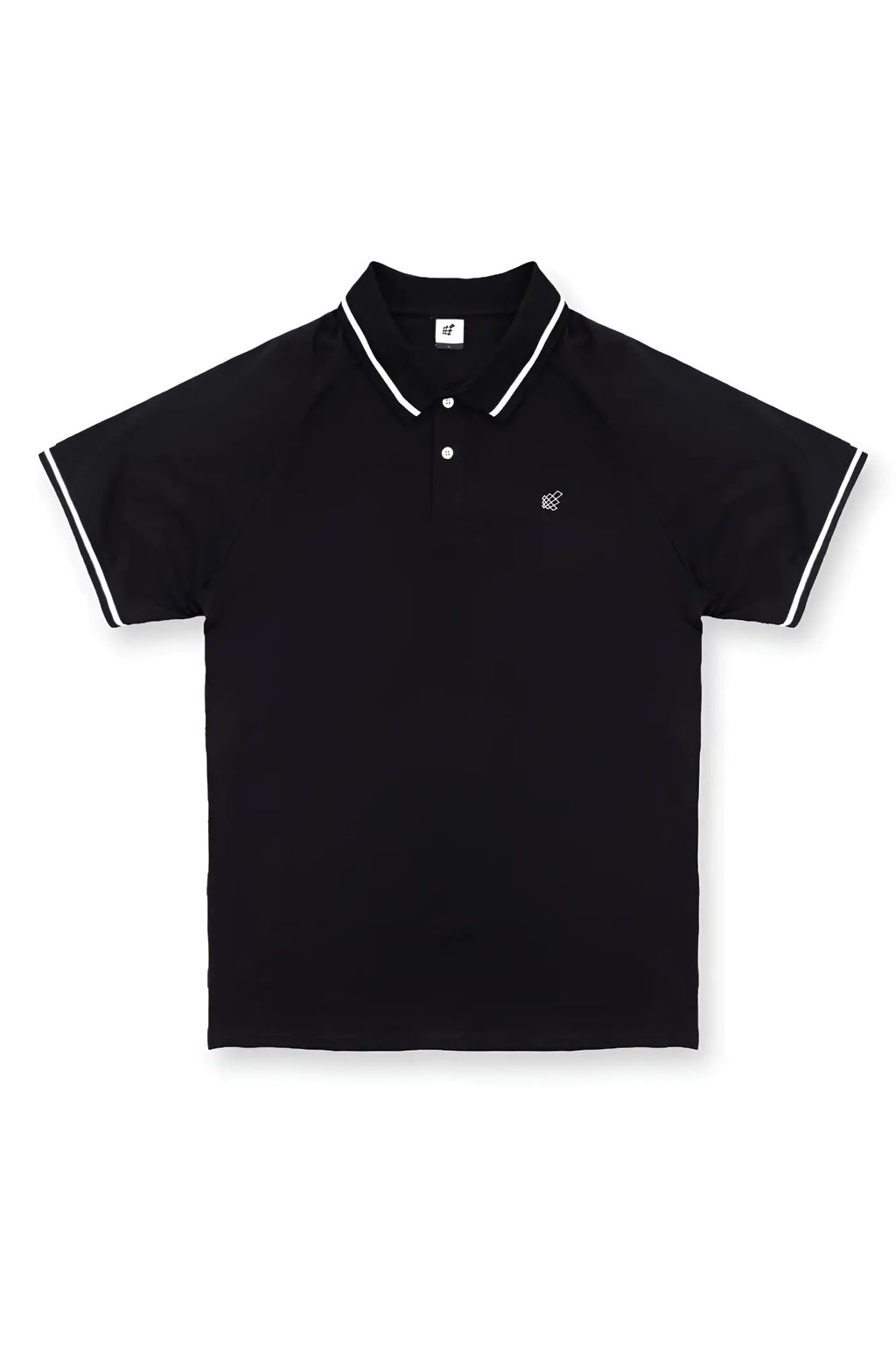 Black banded muscle-fit polo t-shirt with white collar and cuff trim and small embroidered logo on left chest