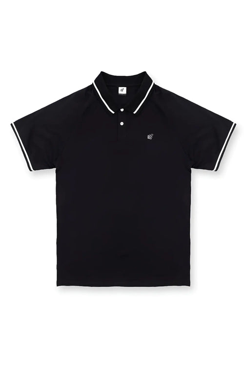 Black banded muscle-fit polo t-shirt with white collar and cuff trim and small embroidered logo on left chest