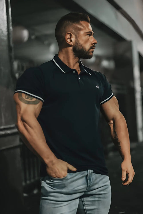 Black banded muscle-fit polo t-shirt with white trim on collar and sleeve cuffs in navy color
