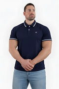 Navy blue banded muscle-fit polo t-shirt with white trim and small embroidered logo on left chest for casual wear