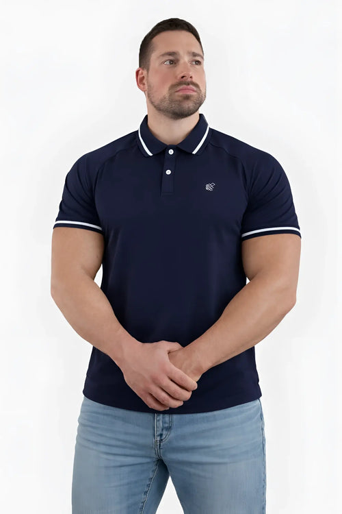 Navy blue banded muscle-fit polo t-shirt with white trim and small embroidered logo on left chest for casual wear