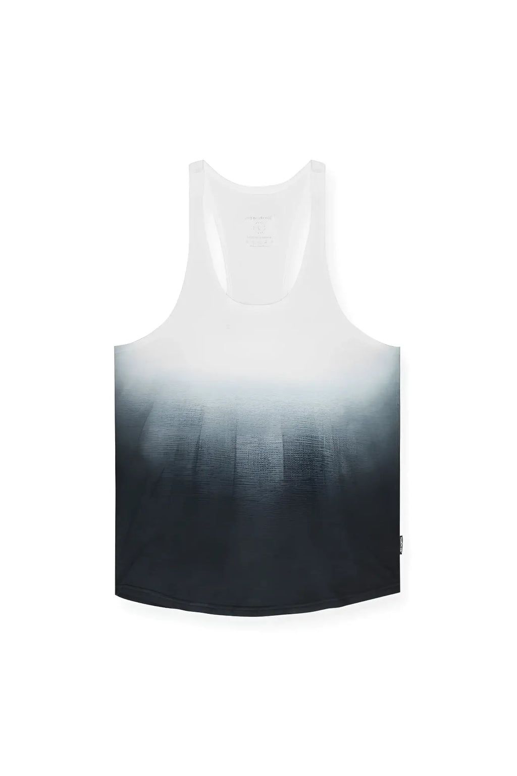 Classic bodybuilding racerback stringer tank top with sleek white to black dip-dye gradient and smooth ombre finish