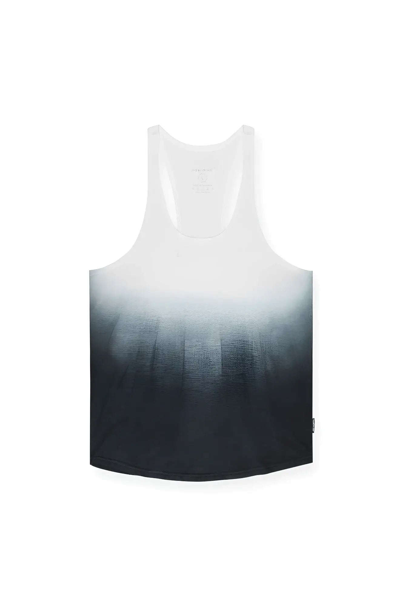Classic bodybuilding racerback stringer tank top with sleek white to black dip-dye gradient and smooth ombre finish